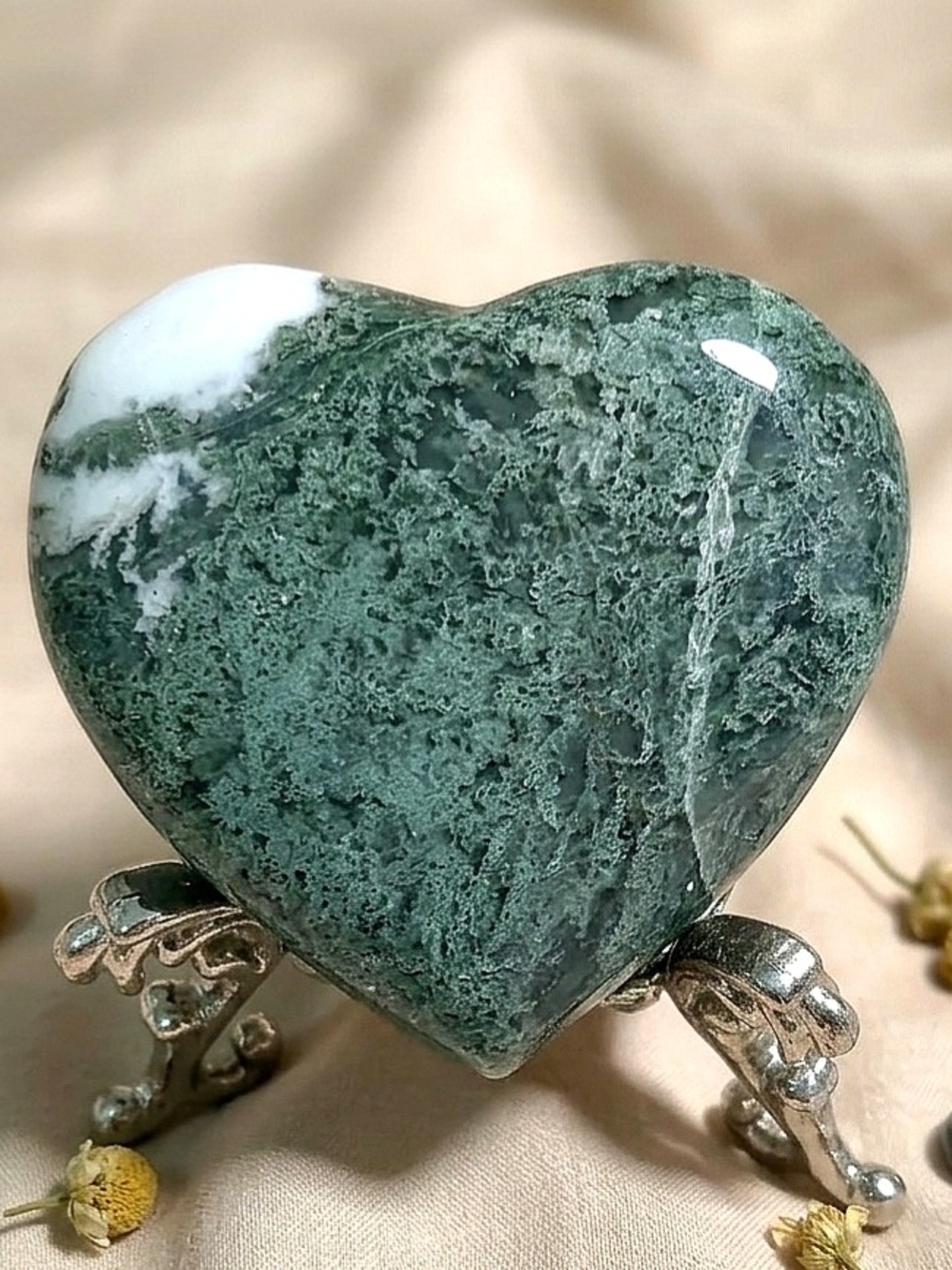 2" Green Moss Agate Crystal Stone Heart, Grounding Nature Spiritual Growth 70gs